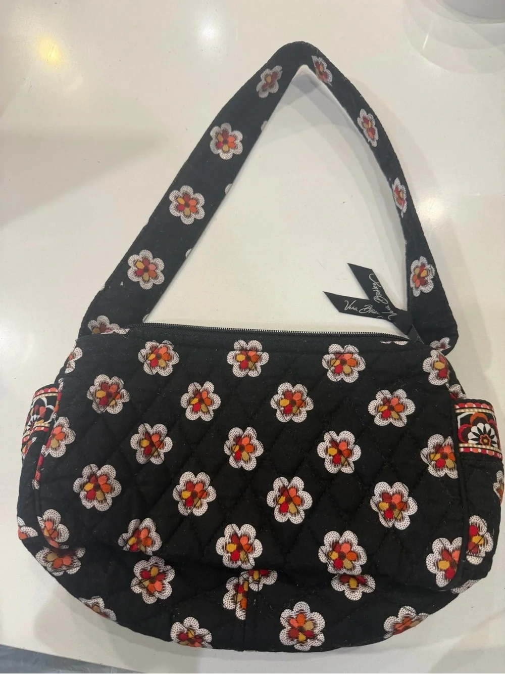 Vera Bradley Black Quilted Shoulder Bag with White & Red Floral Print